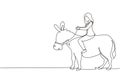 Continuous one line drawing businesswoman riding donkey. Business woman rides donkey. Driving donkey. Goal achievement concept.