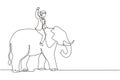 Continuous one line drawing businesswoman riding elephant symbol of success. Business metaphor concept, looking at goal,