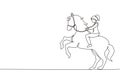 Continuous one line drawing businesswoman riding horse symbol of success. Business metaphor concept, looking at the goal,