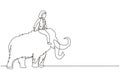 Continuous one line drawing businesswoman riding huge dangerous mammoth. Professional entrepreneur female character. Successful