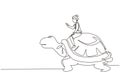 Continuous one line drawing businesswoman riding huge turtle. Slow movement to success, manager driving giant tortoise. Business Royalty Free Stock Photo