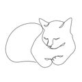 Continuous one line drawing of cat sleeping on white background.