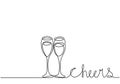 Continuous one line drawing. cheering with glasses of wine or champagne. Minimalism sketch hand drawn isolated on white background