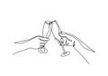 Continuous one line drawing of cheers of wine glass. Hands cheering with glasses of champagne. Vector simplicity and minimalism