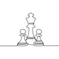 Continuous one line drawing of chess pieces minimalist design isolated on white background. Group of players tactic concept