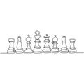 Continuous one line drawing of chess pieces minimalist design isolated on white background. Group of players tactic concept