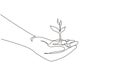 Continuous one line drawing close up image of human hands holding sprout. Hand holding tree on nature field grass forest