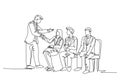 Continuous one line drawing company manager meet and handshaking employee candidates while sitting on chair to take job interview