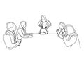 .Continuous one line drawing of company meeting with woman as a leader vector. Single minimalism sketch hand drawn concept of