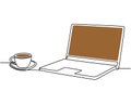 Continuous one line drawing of computer laptop and a cup of coffee or tea at business office desk minimalism design vector. Work Royalty Free Stock Photo