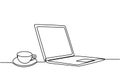 Continuous one line drawing of computer laptop and a cup of coffee or tea at business office desk minimalism design vector. Work Royalty Free Stock Photo