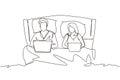 Continuous one line drawing Couple in bed. Man and woman with laptop surfing internet. Happy marriage activity before sleep. Royalty Free Stock Photo