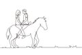 Continuous one line drawing couple riding horses face to face at sunset. Happy man making proposal marriage to woman. Engagement Royalty Free Stock Photo