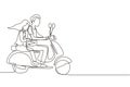 Continuous one line drawing couple riding motorcycle. Man driving scooter and woman are passenger while hugging. Driving around Royalty Free Stock Photo