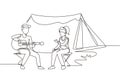 Continuous one line drawing couple tourist camping. Camper sitting by campfire next to camp tent, guy playing music guitar, people