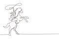 Continuous one line drawing cowboy throwing lasso riding rearing up horse. American cowboy riding horse and throwing lasso. Cowboy