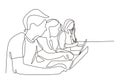 Continuous one line drawing of creative workers work at office. People sitting with laptop. Concept of business worker