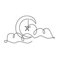 Continuous one line drawing of crescent moon and star in cloudy sky symbol of the emblem of religion. Eid Mubarak, muslim