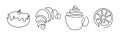 Continuous one line drawing croissant, lemon, donut, hot drink cup. Tea ceremony, tea pastries. Baking shop Logo concept