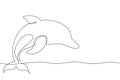 Continuous one line drawing cute blue dolphins, dolphin jumping and performing tricks with ball for entertainment show. Animal