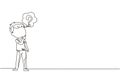 Continuous one line drawing cute boy thinking. Kids think creative idea. Bubble with question mark sign. Concept of learning and Royalty Free Stock Photo