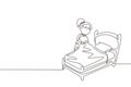 Continuous one line drawing cute girl making the bed. Kids doing housework chores at home concept. Kids routine after waking up to