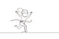 Continuous one line drawing cute girl run in race and win first place. Little kid running to finish line first, children physical