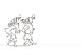 Continuous one line drawing cute little boys and girls catches butterfly. Happy child runs at garden together. Happy kids catching Royalty Free Stock Photo