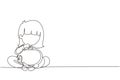 Continuous one line drawing cute little girl sitting on the floor puts coins in a piggy bank and dreams of buy something. Concept