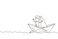 Continuous one line drawing cute smiling little boy sailing on paper boat. Happy smiling kid having fun and playing sailor in