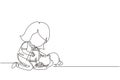 Continuous one line drawing cute smiling little girl feeding her cat at home, adorable kid caring for animal. Kids doing housework Royalty Free Stock Photo