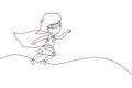 Continuous one line drawing cute super girl. Little girl dressed as super hero flying in traditional heroic pose, stretching up