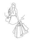 Continuous one line drawing Cute Woman with shopping bags in their hands. Vector illustration