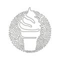 Continuous one line drawing delicious ice creams in crispy waffles cup. Tasty sweet ice-cream tastes. Cold summer desserts. Swirl