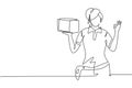 Continuous one line drawing deliverywoman with gesture okay, carrying the package box to be delivered to customers with best