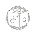 Continuous one line drawing dice. Dice with white dots. Dice cube, casino game. Stay home for hobby time. Swirl curl circle