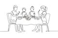 Continuous one line drawing diner parents and children together. Family having meal around kitchen table. Happy daddy, mom and Royalty Free Stock Photo