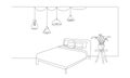 Continuous one line drawing of double bed and table with potted plant and hanging loft lamps. Scandinavian home