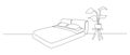 Continuous one line drawing of double bed and table with potted plant. Scandinavian stylish furniture for sleep bedroom