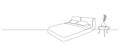 Continuous one line drawing of double bed and table with vase and plant. Scandinavian stylish home furniture for sleep