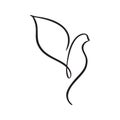 Continuous one line drawing dove bird. Flying pigeon logo. Black and white vector illustration. Concept for icon, card