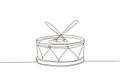 Continuous one line drawing drum with two sticks. Musical instrument, drumbeat, drumming. Drum music stick baby toys. Series of