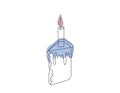 Continuous one line drawing of Easter Kulich cake with lit candle. Slice of Birthday cupcake. Colored vector isolated on