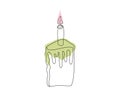 Continuous one line drawing of Easter Kulich cake with lit candle. Slice of Birthday cupcake. Colored vector isolated on