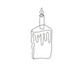 Continuous one line drawing of Easter Kulich cake with single lit candle. Slice of Birthday cupcake. Vector isolated on