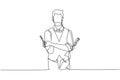 Continuous one line drawing empty place of virile harsh barber having his arms crossed, holding equipment in hand. Professional