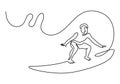 Continuous one line drawing of energetic man or person doing water surfing. Wave rider or surfer standing on surf board in the Royalty Free Stock Photo
