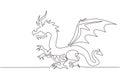 Continuous one line drawing fairy dragons. Funny fairytale dragon, magic lizard with wings and fire breathing serpent. Flying