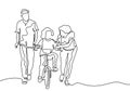 Continuous one line drawing of Family share with love. Father and mother help their kid to ride the bicycle