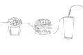 Continuous one line drawing fastfood French fries, hamburger and a glass of soda Royalty Free Stock Photo